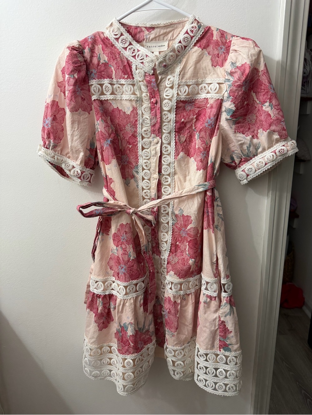 New! Entro Pink Floral Lace-Trim Dress with removable tie